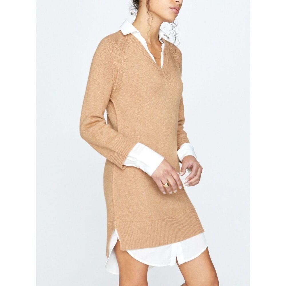 Brochu Walker Cashmere Wool Mini Dress The Looker Layered V-Neck Camel Melange W